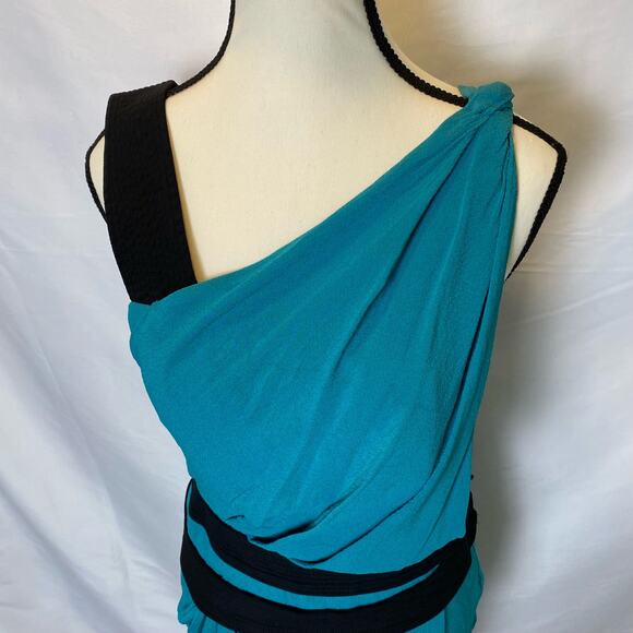 Narciso Rodriguez Teal and Black Silk Belted Drape Style Mini Dress Size 6 Women - Picture 2 of 16